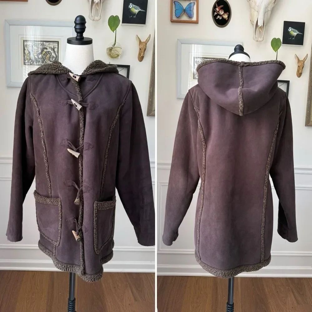 L.L. Bean Womens Jacket Chore Coat Brown Horn Button Faux Sherpa Hooded Pockets